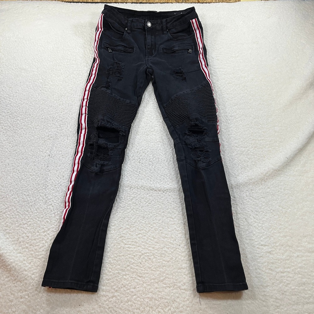 rue21 Jeans Mens 30 Black Supreme Flex Biker Moto Distressed Side Stripe Skinny